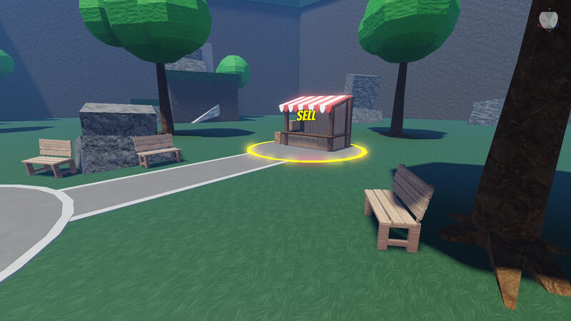 Roblox map which includes 3D modeled sell store and wooden benches